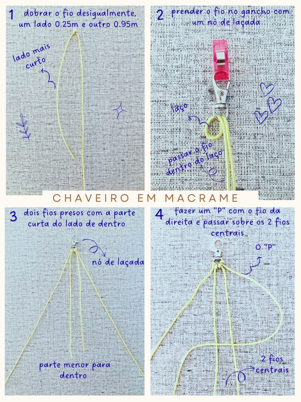 chaveiro de macramê passo a passo (1-4) chaveiro de macramê passo a passo, do passo 1 ao 4